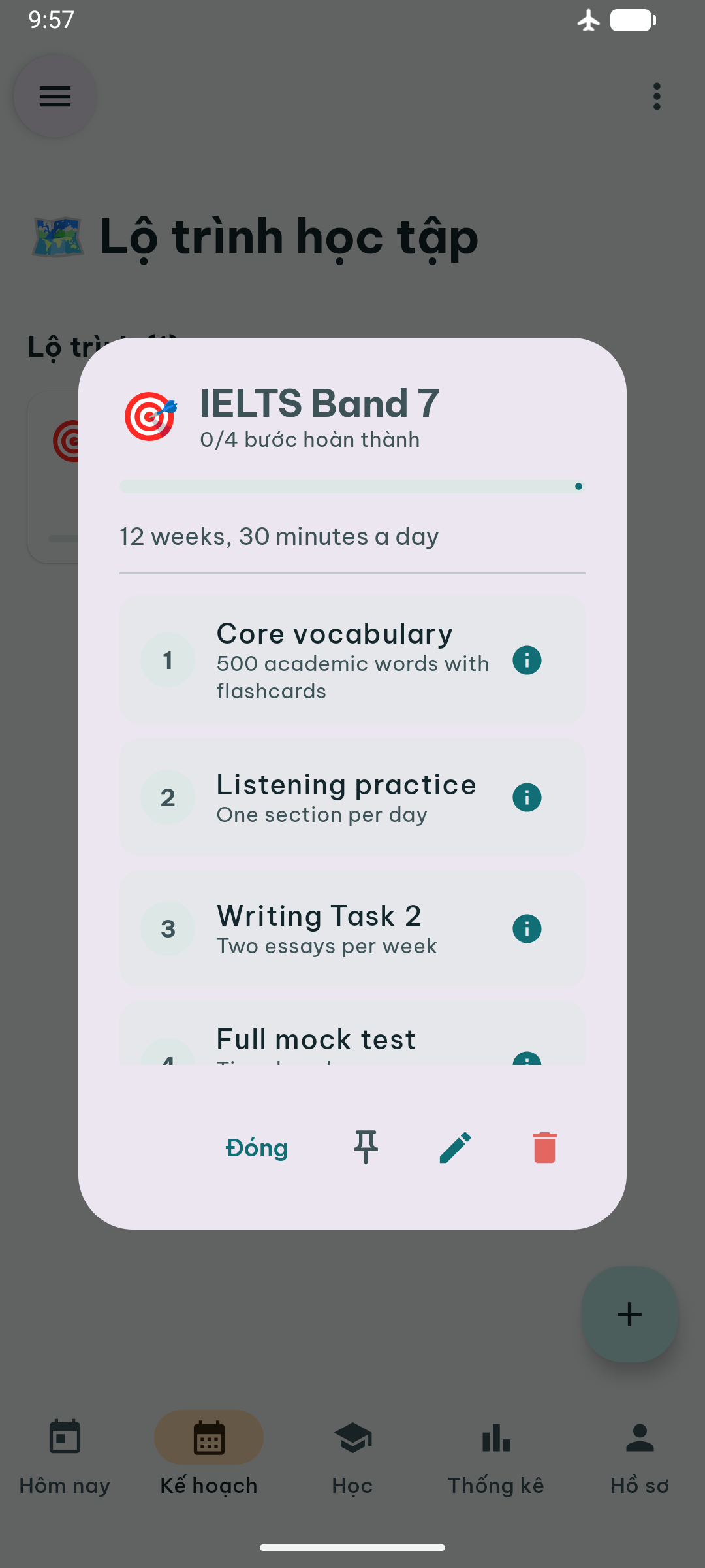 Lộ trình IELTS Band 7 với bốn bước: từ vựng, nghe, viết Task 2 và thi thử.