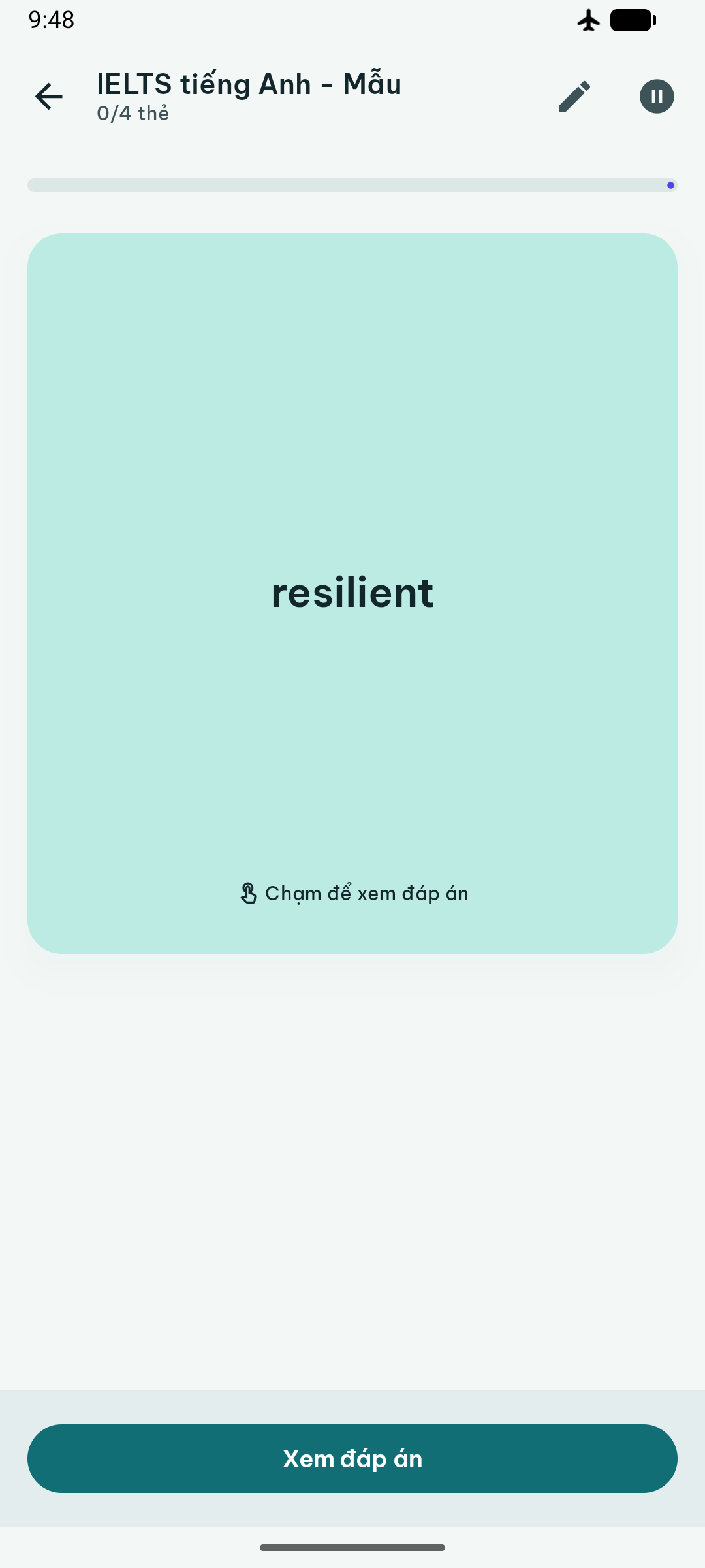 Phiên học hiển thị mặt trước thẻ "resilient" và nút Xem đáp án.