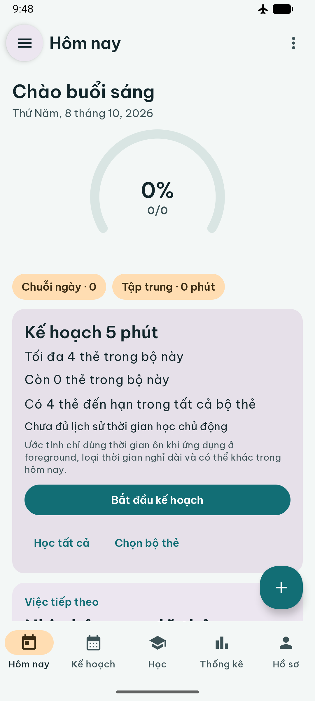Màn hình Hôm nay với lời chào, vòng tiến độ và Kế hoạch 5 phút cho các thẻ đến hạn.